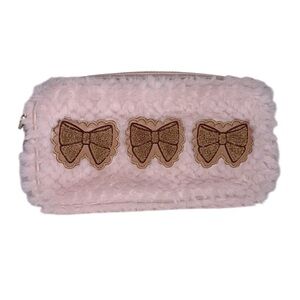 Stoney Clover Lane Pink Cozy Faux Fur Small Pouch Travel Makeup Case Brown Bows